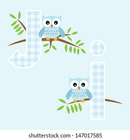 Alphabet for baby boy with owl vector letters J,j.Vector eps10 , illustration.  