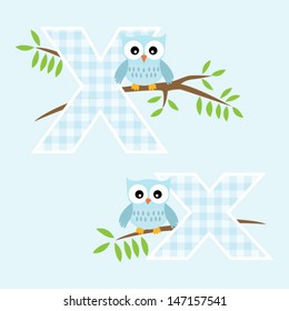 Alphabet for baby boy with owl vector letters X,x.Vector eps10 , illustration.