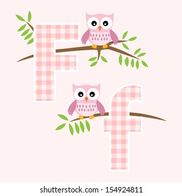 Alphabet for baby girl with owl vector letters F,f.Vector eps10 , illustration.