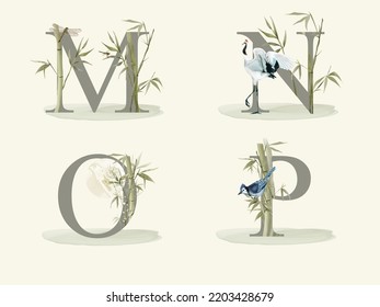 alphabet with bamboo hand drawn isolated