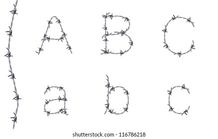 Alphabet of barbed wire, font, letters A B C, very detailed
