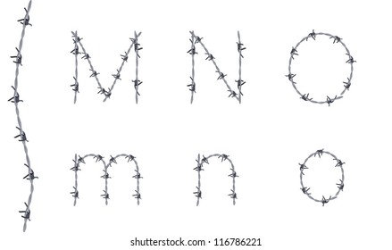 Alphabet of barbed wire, font, letters M N O, very detailed