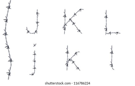 Alphabet of barbed wire, font, letters J K L, very detailed