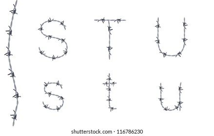 Alphabet of barbed wire, font, letters S T U, very detailed