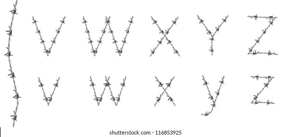 Alphabet of barbed wire, font, letters V W X Y Z, very detailed
