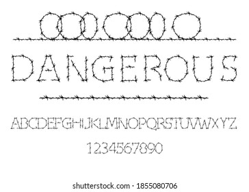 Alphabet of barbed wire. Prison letters and numbers set. Barbed Wire Stroke for Fencing. Font for events, promotions, logos, banner, monogram and poster. Typography design, vector isolated on white 