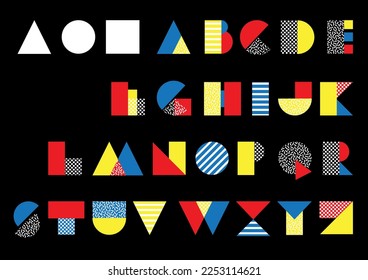 Alphabet in a Bauhaus style, created from building blocks of simple patterned shapes and textures. 