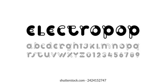 Buchstabenschrift mit schwarzer Zierschrift, gerundete Buchstaben, A, B, C, D, E, F, G, H, I, J, K, L, M, N, O, P, Q, R, S, T, U, V, W, X, Y, Z und die Zahlen 0, 1, 2, 3, 4, 5, 6, 7, 8, 9, Vektorgrafik