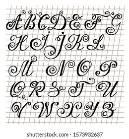 alphabet, black hand written monogram capital letters on a scribbled sheet in vintage style, vector clip art