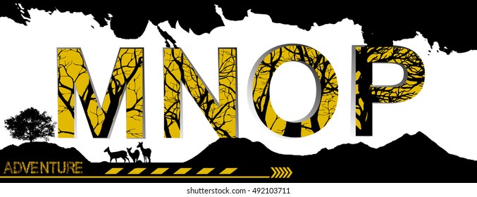 alphabet with black tree isolated on yellow background:M,N,O,P.adventure concept,Font   extreme background  