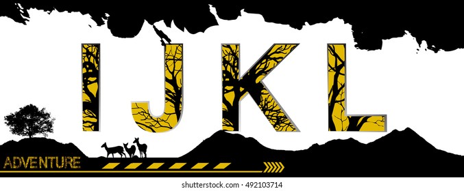 alphabet with black tree isolated on yellow background:I,J,K,L.adventure concept,Font   extreme background  