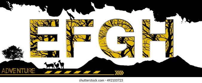 alphabet with black tree isolated on yellow background:E,F,G,H.adventure concept,Font   extreme background  