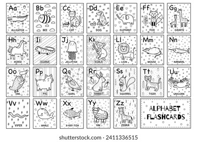 Alphabet black and white flashcards collection with cute animals. ABC flash cards set for coloring in outline. Great for school and preschool. Vector illustration