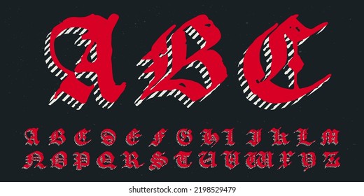 Alphabet in blackletter style logo with grunge texture. Frightening uppercase gothic icon font. Perfect for retro style identity, music album covers, movie posters, luxury packaging, medieval design.