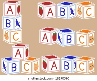 Alphabet blocks arranged in various configurations.