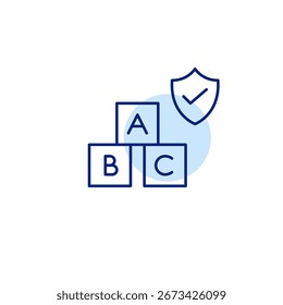 Alphabet blocks, shield and checkmark. Trusted products for development and toys, child safety. Pixel perfect, editable stroke vector icon