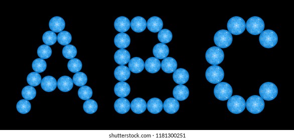 Alphabet from blue christmas balls. ABC