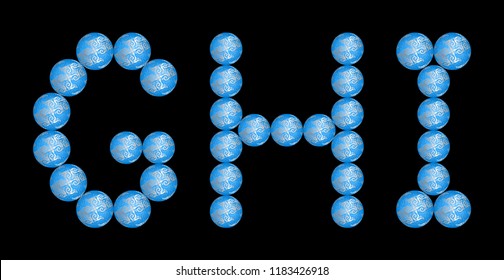 Alphabet from blue christmas balls. GHI