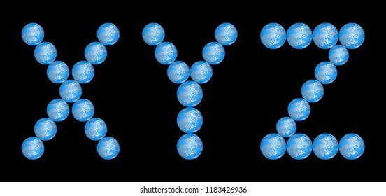 Alphabet from blue christmas balls. XYZ