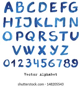 Alphabet in blue colors. Watercolor paint. Vector.numbers and letters in words for design illustration , backgrounds , textures , wallpaper,computer technologies,creation of clothing.