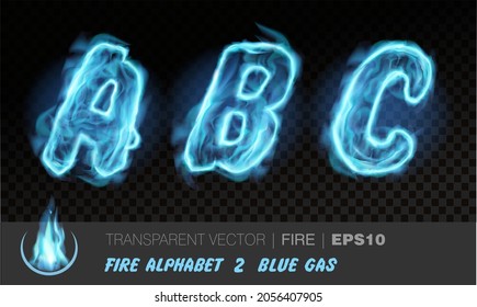 Alphabet of blue gas fire. Transparent realistic vector on dark background. Fiery font with light effect for your text. Letters ABC