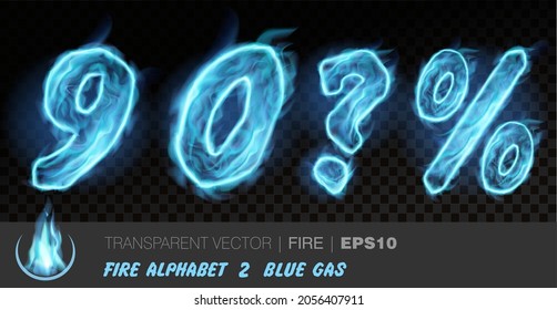 Alphabet of blue gas fire. Transparent realistic vector on dark background. Fiery font with light effect for your text. Letters 90