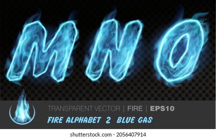 Alphabet of blue gas fire. Transparent realistic vector on dark background. Fiery font with light effect for your text. Letters MNO