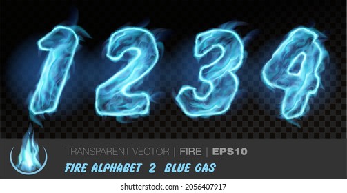 Alphabet of blue gas fire. Transparent realistic vector on dark background. Fiery font with light effect for your text. Letters 1234