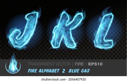 Alphabet of blue gas fire. Transparent realistic vector on dark background. Fiery font with light effect for your text. Letters JKL