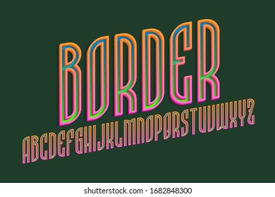 Alphabet of blue green letters with orange pink volumetric borders. 3d display oblique font. Isolated english alphabet.