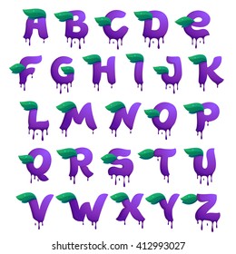 Alphabet with blueberry juice drops and leaves. Vector design template elements for your application or corporate identity.