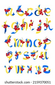 Alphabet blue-yellow ribbon with viburnum. A set of Latin letters from A to Z. Ukrainian traditional national symbols