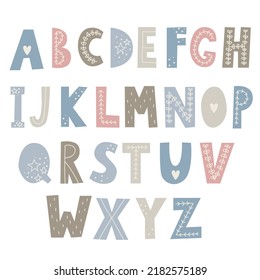Alphabet in boho style. Print for nursery decor. Scandinavian style kids room decoration. Vector illustration