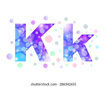 Alphabet from bokeh texture in bright blue and purple color.  Letter K.
