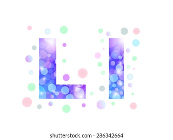 Alphabet from bokeh texture in bright blue and purple color.  Letter L.
