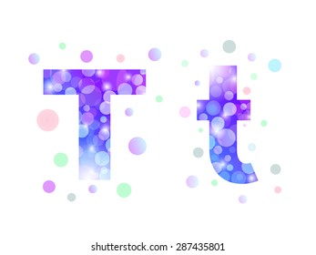 Alphabet from bokeh texture in bright blue and purple color.  Letter T.
