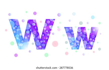 Alphabet from bokeh texture in bright blue and purple color.  Letter W.
