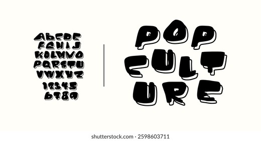 Alphabet Bold 3d Effect Design Letters and Numbers. Retro Comic Typography. Hand Drawn Cartoon Vector Font