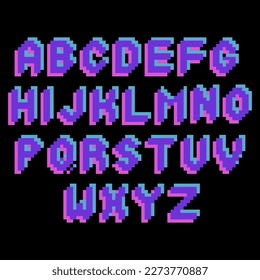 Alphabet of a bold uppercase letters drawn in a pixel art style. Vector design elements isolated on a black background