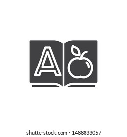 Alphabet book A page vector icon. filled flat sign for mobile concept and web design. A letter apple glyph icon. Education symbol, logo illustration. Vector graphics