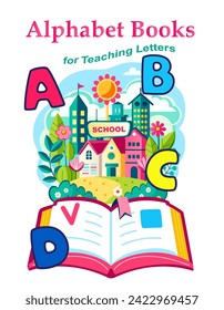 Alphabet Books for Teaching Letters, title page for kids cover learning books, modern design school posters with colorful letters, open book vector template layout sign