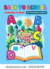 Alphabet Books for Teaching Letters, title page for kids cover learning books, modern design back to school posters with colorful letters, open book vector template