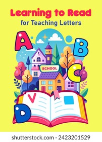 Alphabet Books for Teaching Letters, title page for kids cover learning books, modern design back to school posters with colorful letters, open book vector template