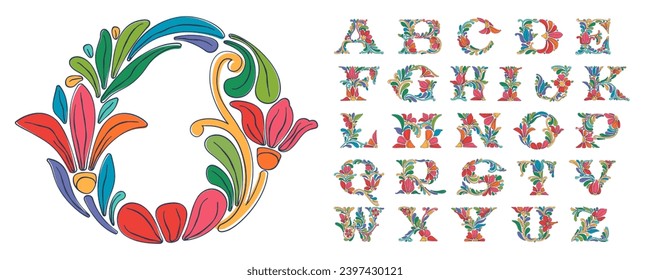 Alphabet with botanical and flower pattern. Traditional leaves and curved lines embroidery ornament. Icon for wedding ceremony, vintage greeting cards, birthday identity and party invitations.