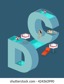 Alphabet With Boys And Girls Sunbathing : Vector Illustration