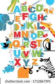 The alphabet with bright, colorful pictures of animals. ABC for the youngest children, poster with the alphabet for children. ABC with animals