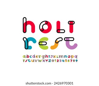 Alphabet helle dekorative Schriftart, abgerundete mehrfarbige Buchstaben A, B, C, D, E, F, G, H, I, J, K, L, M, N, O, P, Q, R, S, T, U, V, W, X, Y, Z und Ziffern 0, 1, 2, 3, 4, 5, 6, 7, 8, 9, Vektorillustrati