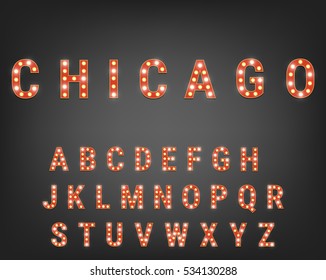 Alphabet with bright light bulbs. Retro cinema and show typeface. Font with lights