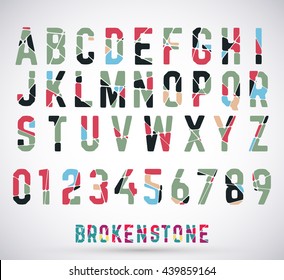 Alphabet Broken Font Set. Colored Typeface Made Of Broken Stone. Letters And Numbers. Vector Illustration.