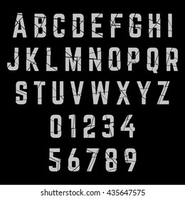 Alphabet broken font template. Letters and numbers. Vector illustration.